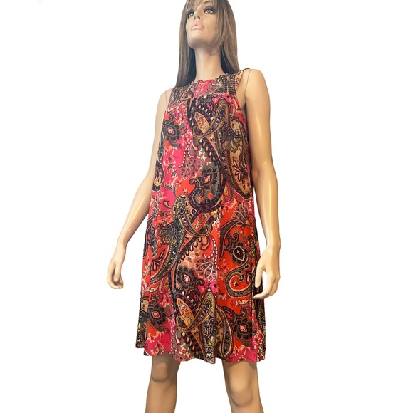 Chetta B Paisley Shift Dress Flowy Colorful Sleeveless Keyhole Shirred Smocked - Picture 2 of 16